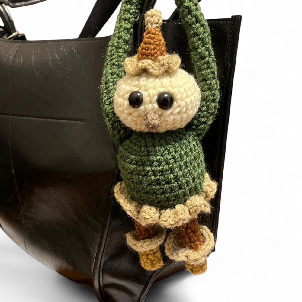 Handmade Green and Cream Crochet Clown Bag Charm